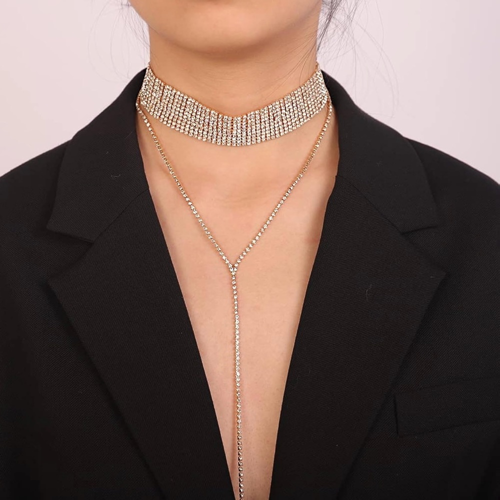 Gold Tone Rhinestone Choker Collar Necklace and Earrings NWOT